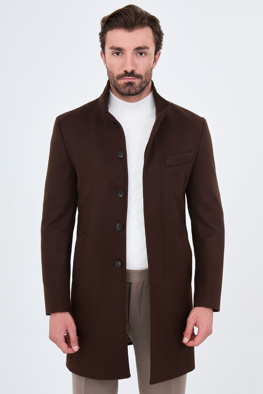 HolloMen men's brown winter overcoat featuring a raised collar, tailored silhouette, and side pockets.