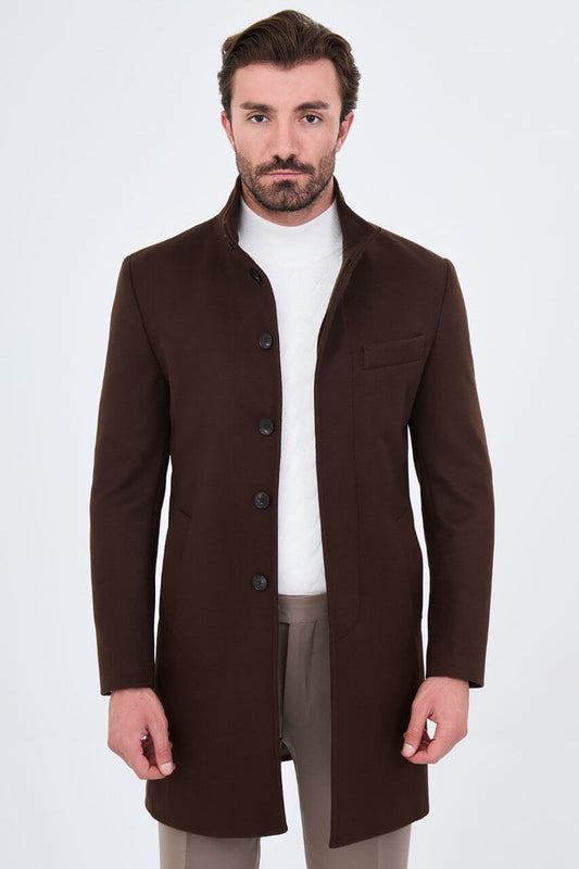 HolloMen men's brown winter overcoat featuring a raised collar, tailored silhouette, and side pockets.