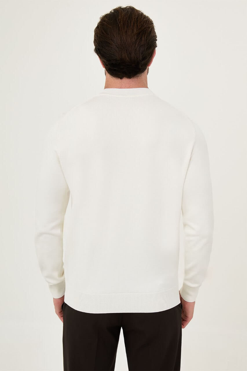 Men’s ecru crew neck knit sweater with cotton stretch fabric for fall winter smart casual styling
