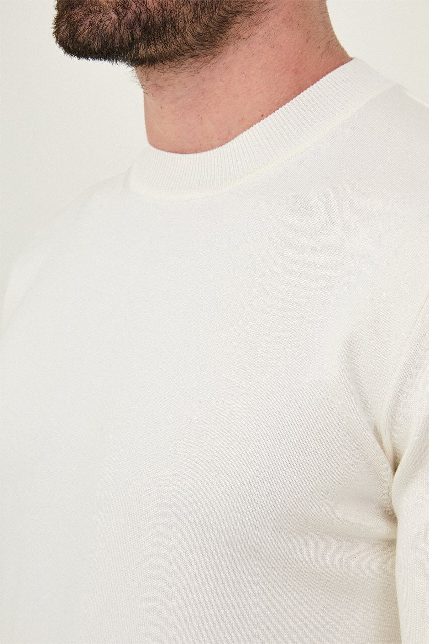 Men’s ecru crew neck knit sweater with cotton stretch fabric for fall winter smart casual styling