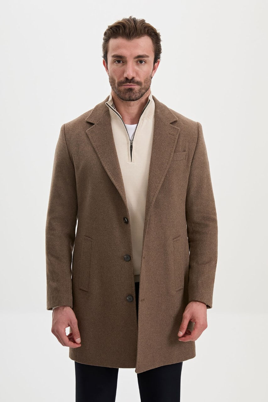 HolloMen men's mink wool-blend overcoat featuring notch lapels, three-button fastening, and a tailored silhouette.