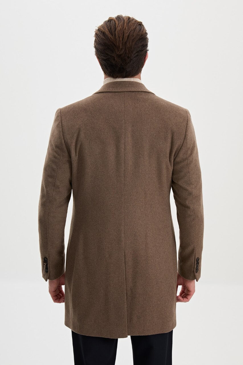 HolloMen men's mink wool-blend overcoat featuring notch lapels, three-button fastening, and a tailored silhouette.