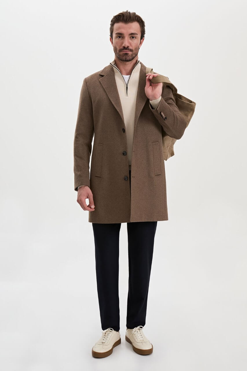 HolloMen men's mink wool-blend overcoat featuring notch lapels, three-button fastening, and a tailored silhouette.