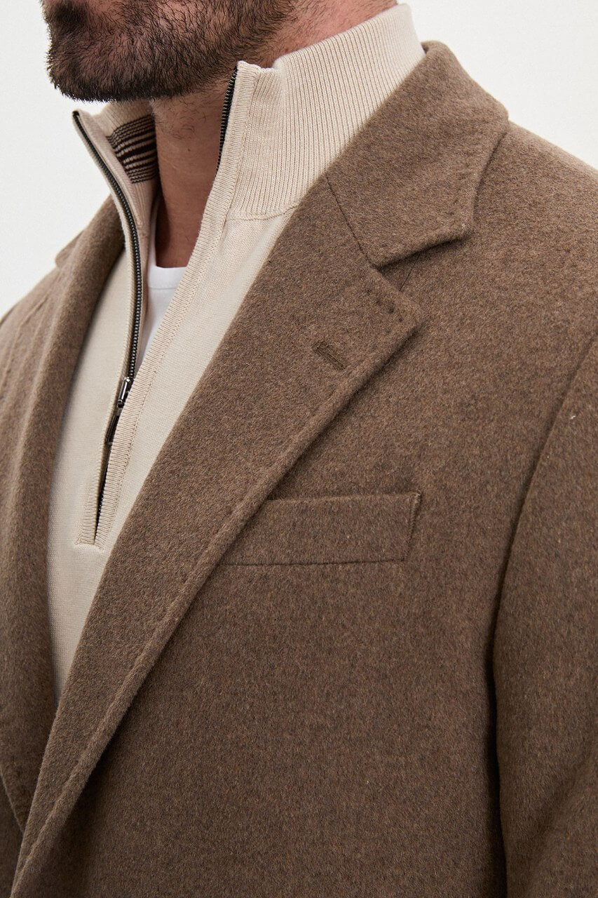HolloMen men's mink wool-blend overcoat featuring notch lapels, three-button fastening, and a tailored silhouette.