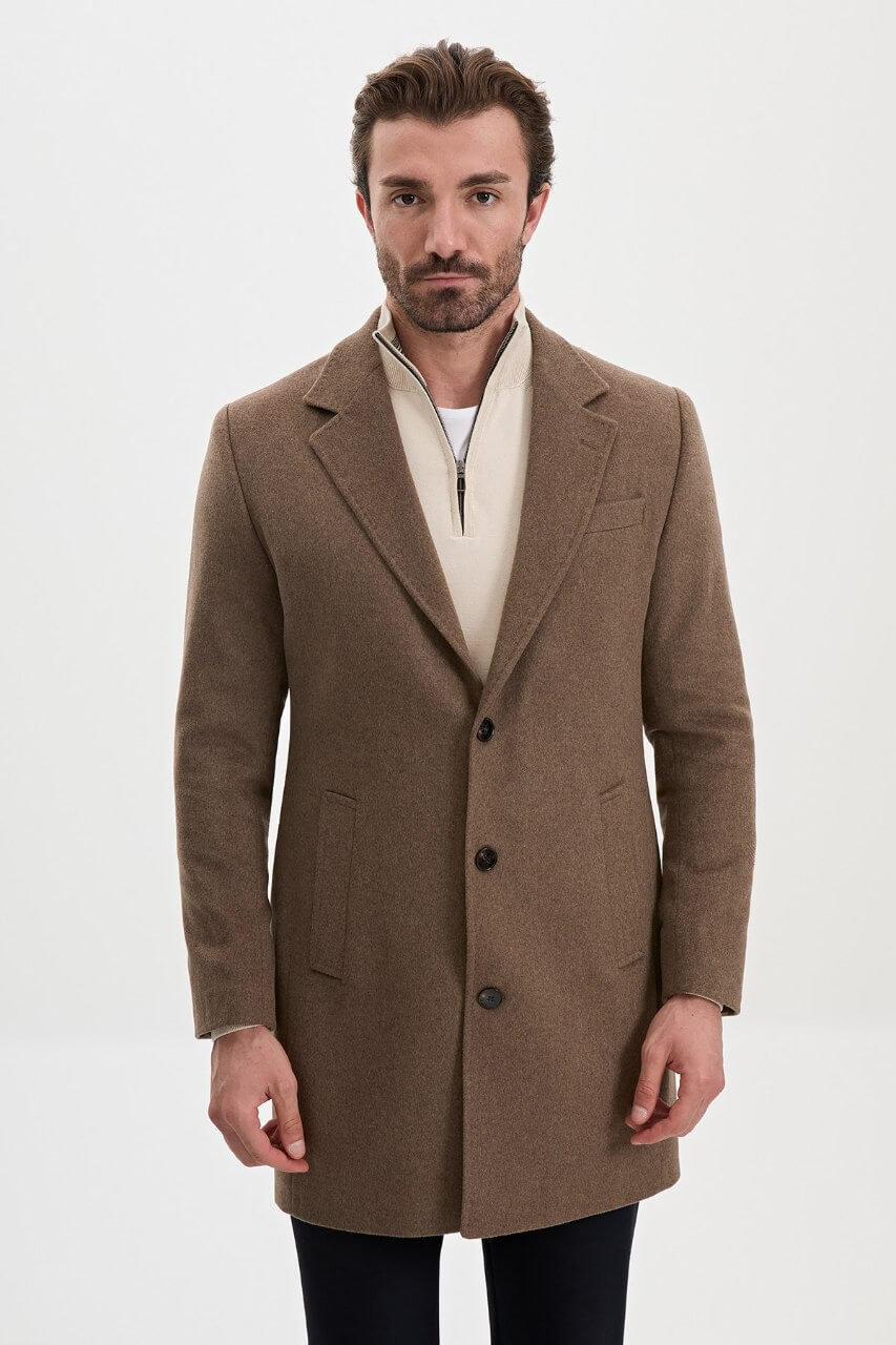 HolloMen men's mink wool-blend overcoat featuring notch lapels, three-button fastening, and a tailored silhouette.