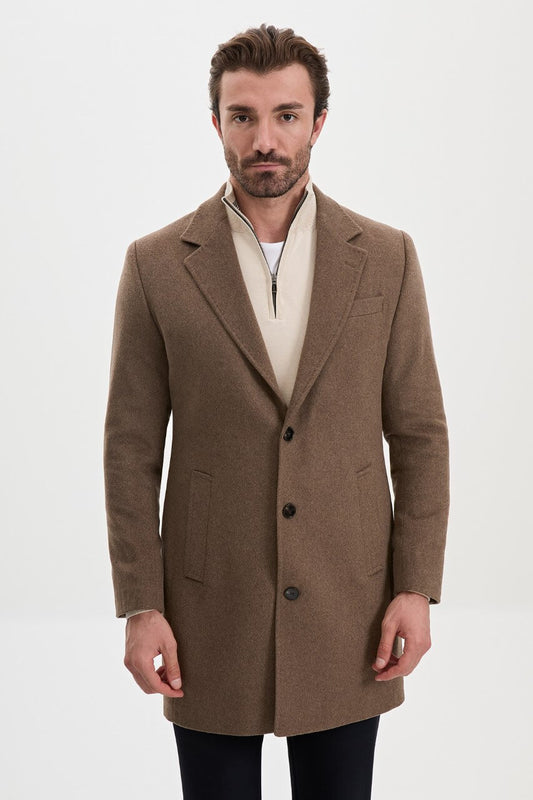HolloMen men's mink wool-blend overcoat featuring notch lapels, three-button fastening, and a tailored silhouette.