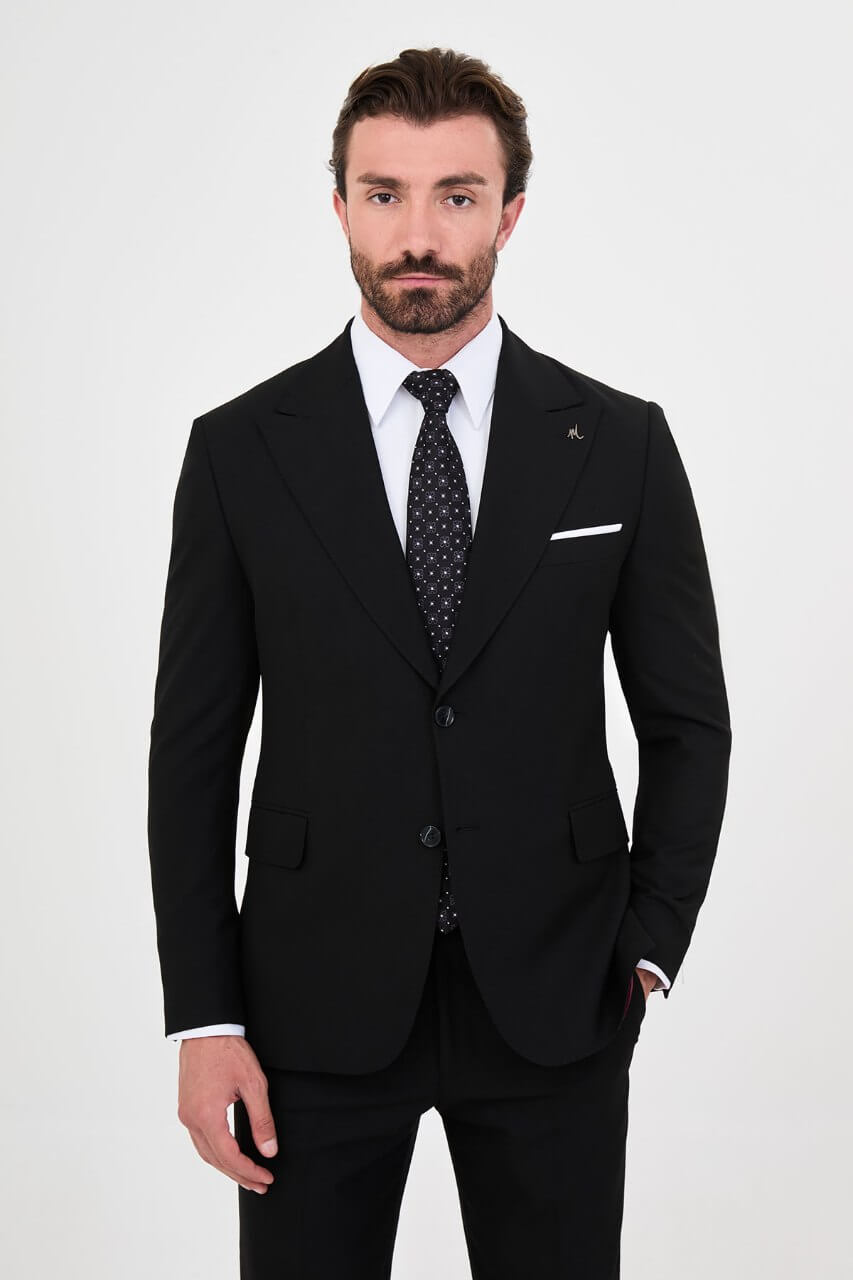 Men's black slim-fit two-piece suit featuring a tailored blazer, notch lapels and matching trousers.