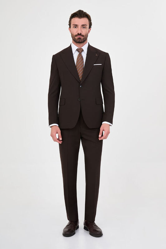 Men's brown slim-fit two-piece suit with a tailored blazer, notch lapels and matching trousers.