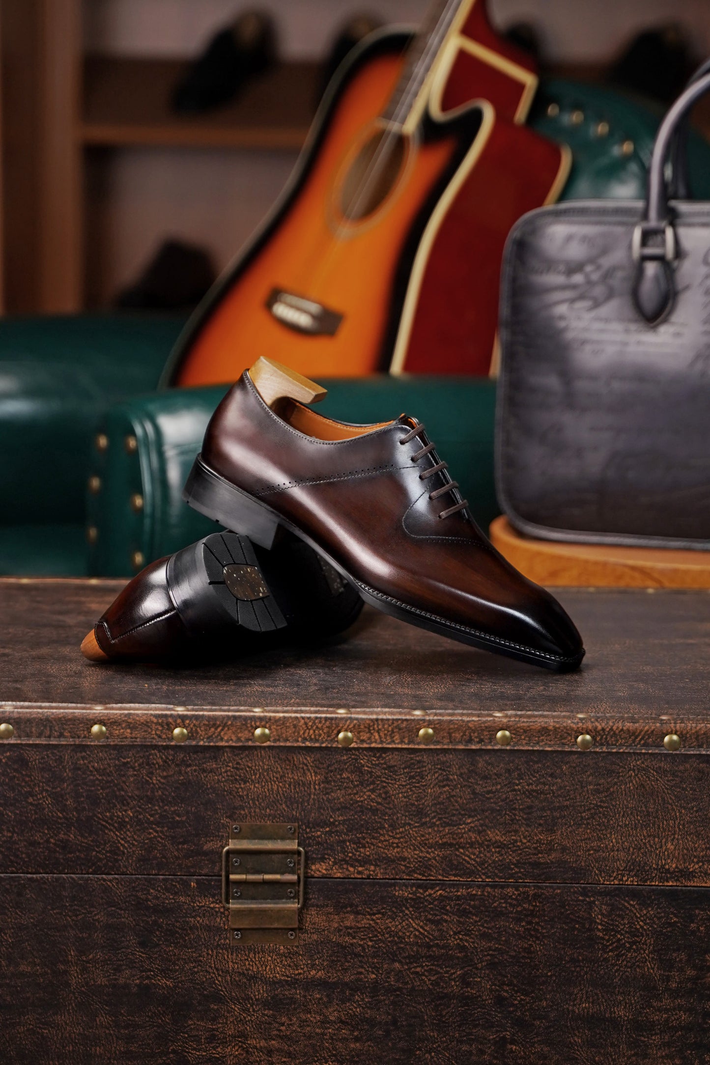 Men’s dark brown leather cap toe Oxford dress shoes featuring a polished finish, lace-up closure, sleek tapered toe, and classic formal silhouette.