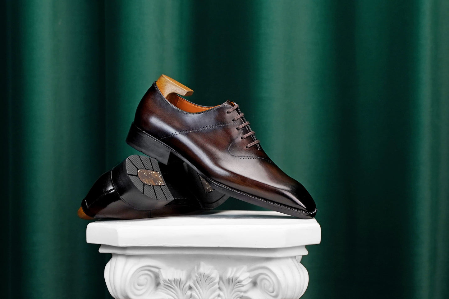 Men’s dark brown leather cap toe Oxford dress shoes featuring a polished finish, lace-up closure, sleek tapered toe, and classic formal silhouette.