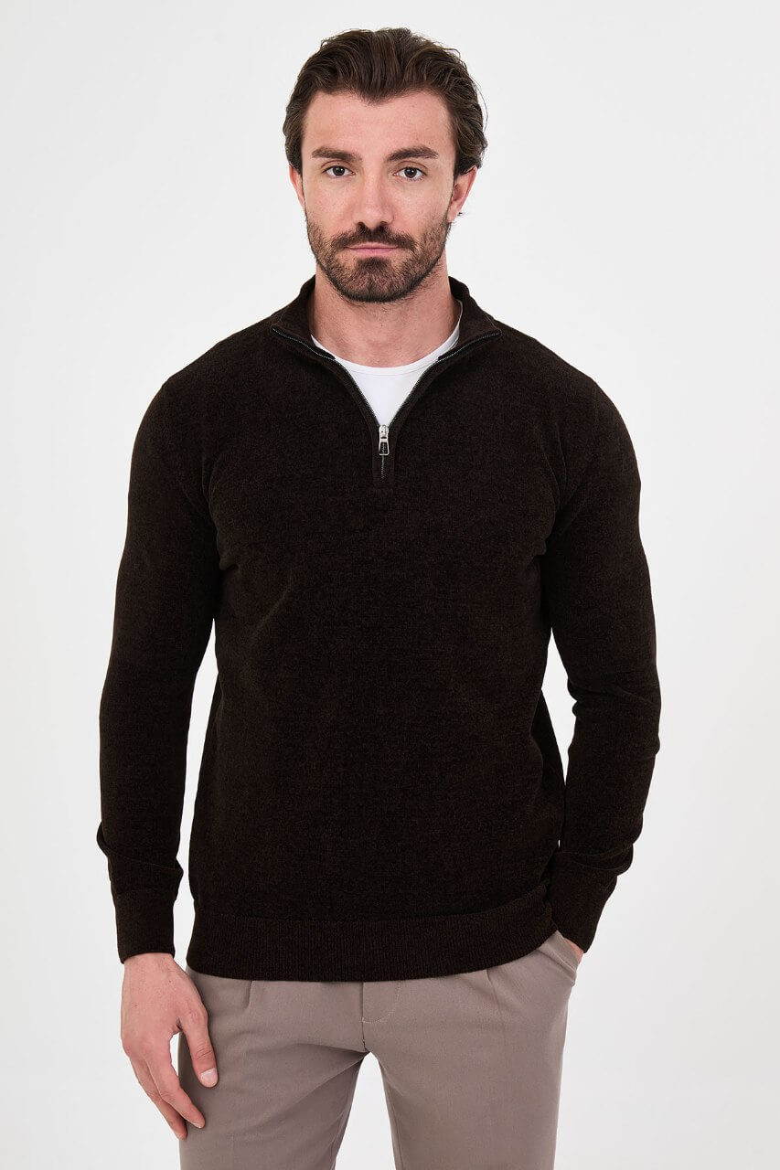 Men’s dark brown zip neck knit sweater in a cotton blend slim fit design styled for fall winter smart casual outfits.