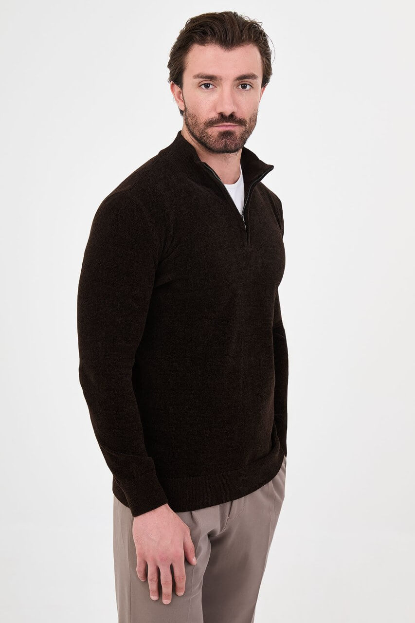 Men’s dark brown zip neck knit sweater in a cotton blend slim fit design styled for fall winter smart casual outfits.