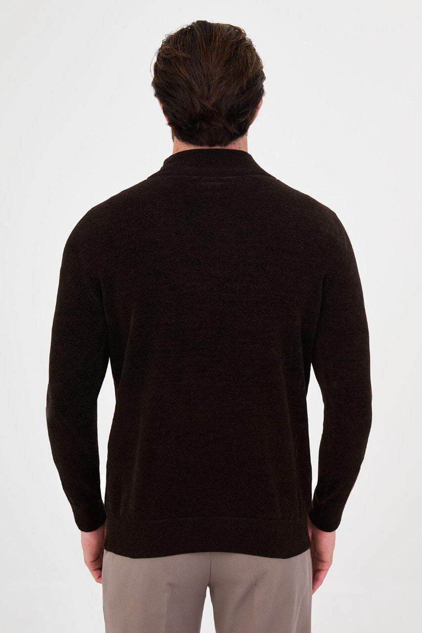 Men’s dark brown zip neck knit sweater in a cotton blend slim fit design styled for fall winter smart casual outfits.