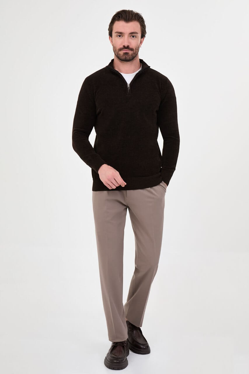 Men’s dark brown zip neck knit sweater in a cotton blend slim fit design styled for fall winter smart casual outfits.