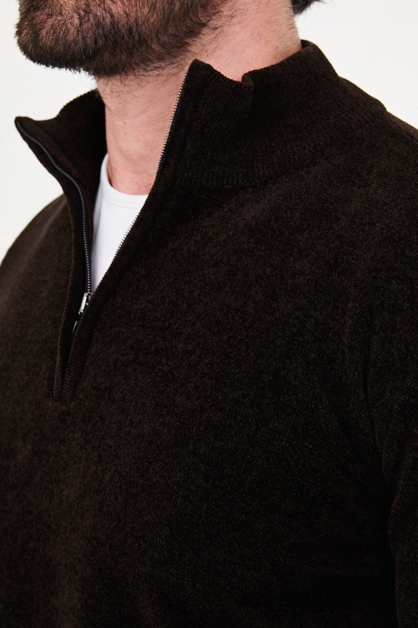 Men’s dark brown zip neck knit sweater in a cotton blend slim fit design styled for fall winter smart casual outfits.