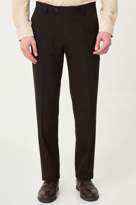 Dark brown slim-fit formal trousers with front pleats, paired with brown leather shoes.