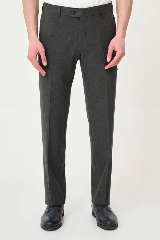 Dark Gray slim-fit formal trousers with front pleats, styled with black leather shoes, ideal for office and semi-formal summer events.