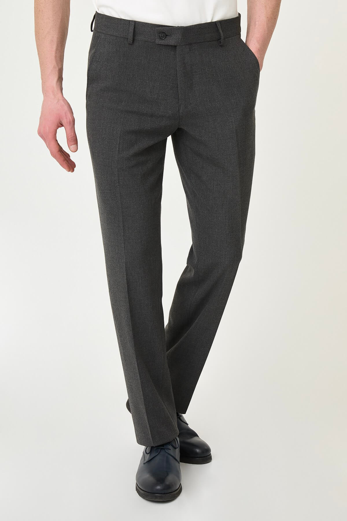 Dark Gray slim-fit formal trousers with front pleats, styled with black leather shoes, ideal for office and semi-formal summer events.
