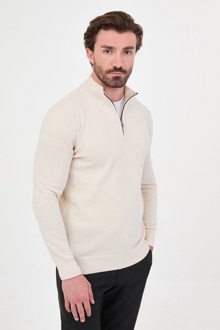 Men’s ecru zip neck knit sweater with cotton blend fabric for fall winter smart casual style.