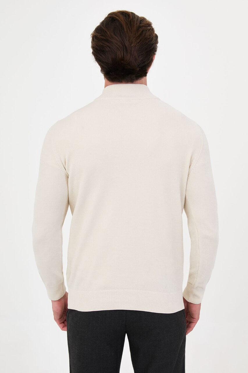 Men’s ecru zip neck knit sweater with cotton blend fabric for fall winter smart casual style.