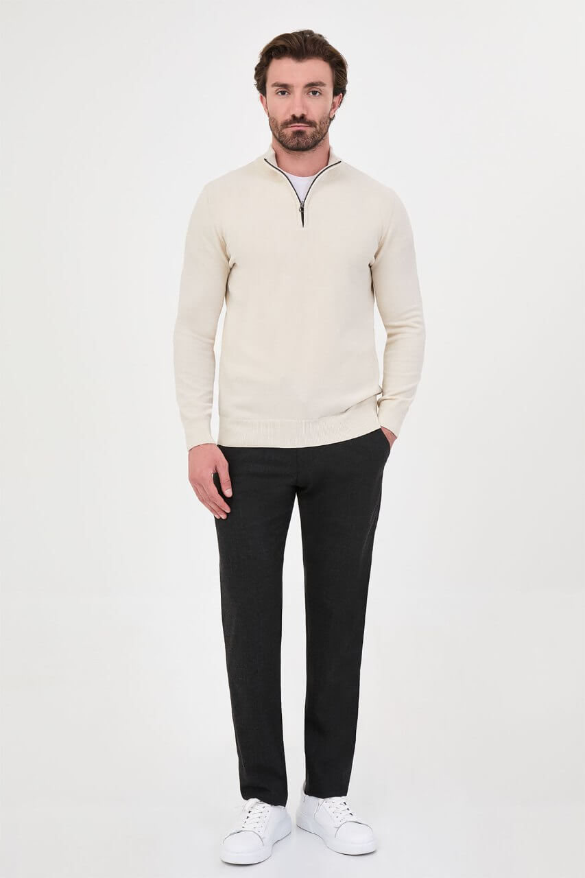 Men’s ecru zip neck knit sweater with cotton blend fabric for fall winter smart casual style.