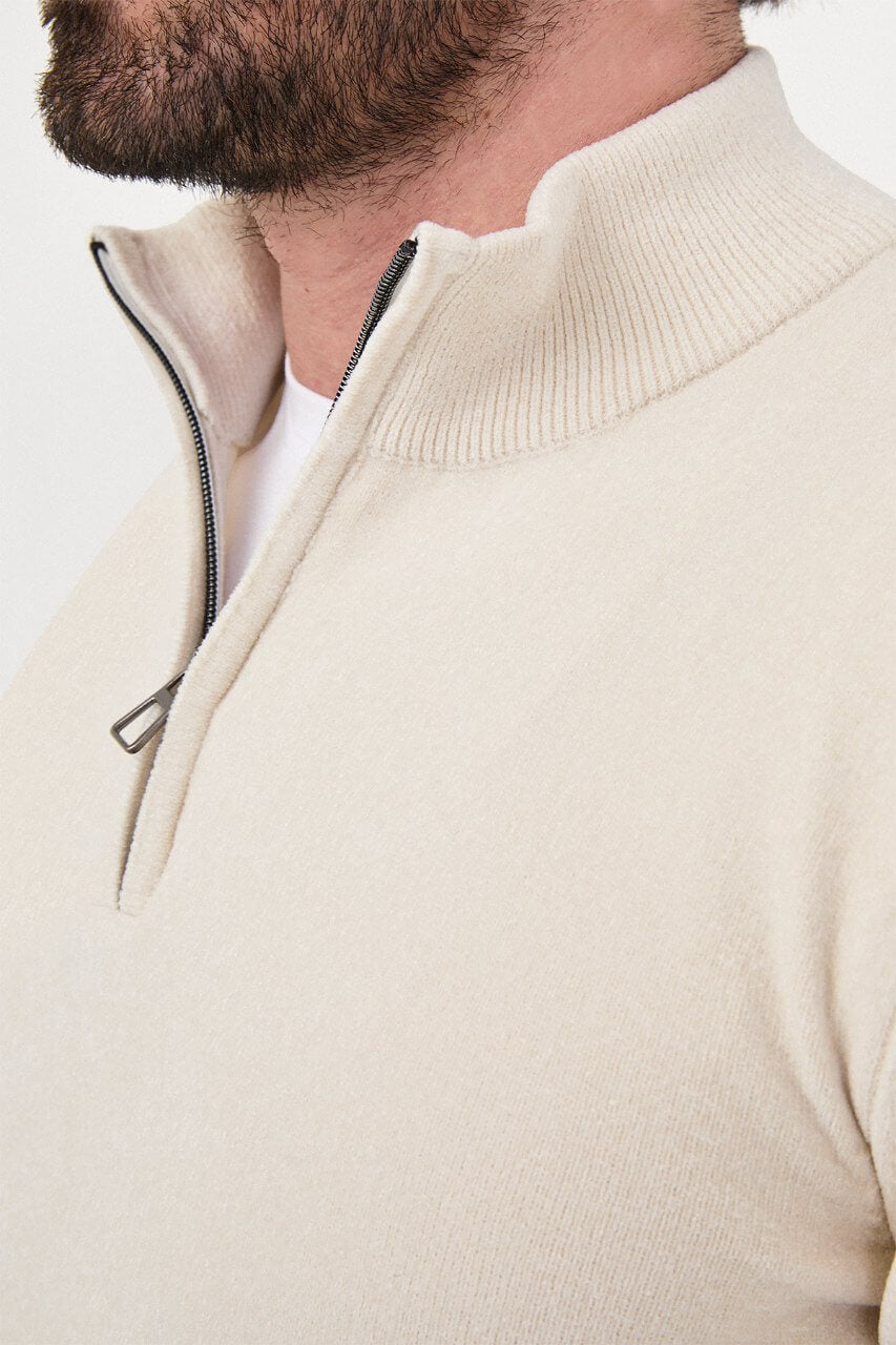 Men’s ecru zip neck knit sweater with cotton blend fabric for fall winter smart casual style.