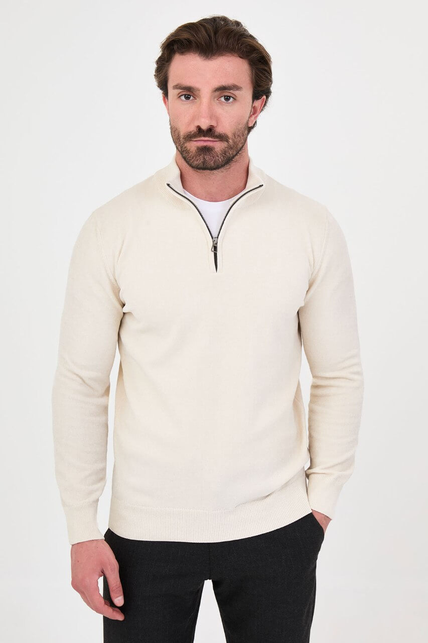 Men’s ecru zip neck knit sweater with cotton blend fabric for fall winter smart casual style.