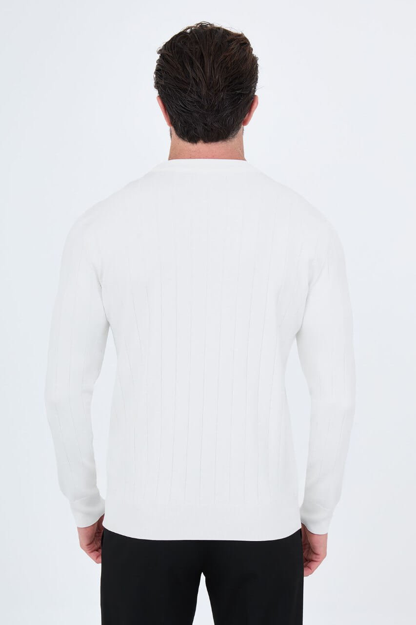 Men's ecru ribbed crew-neck knit sweater with long sleeves by HolloMen.