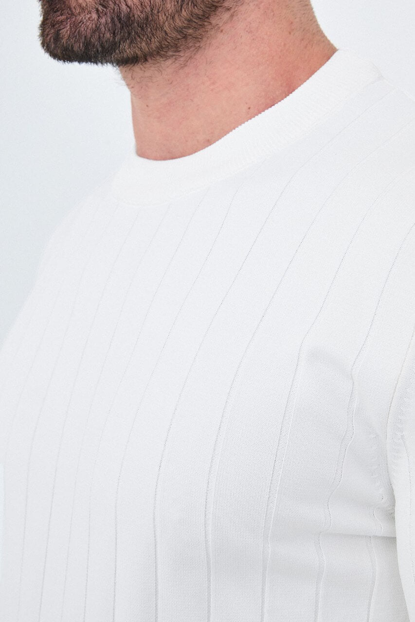 Men's ecru ribbed crew-neck knit sweater with long sleeves by HolloMen.