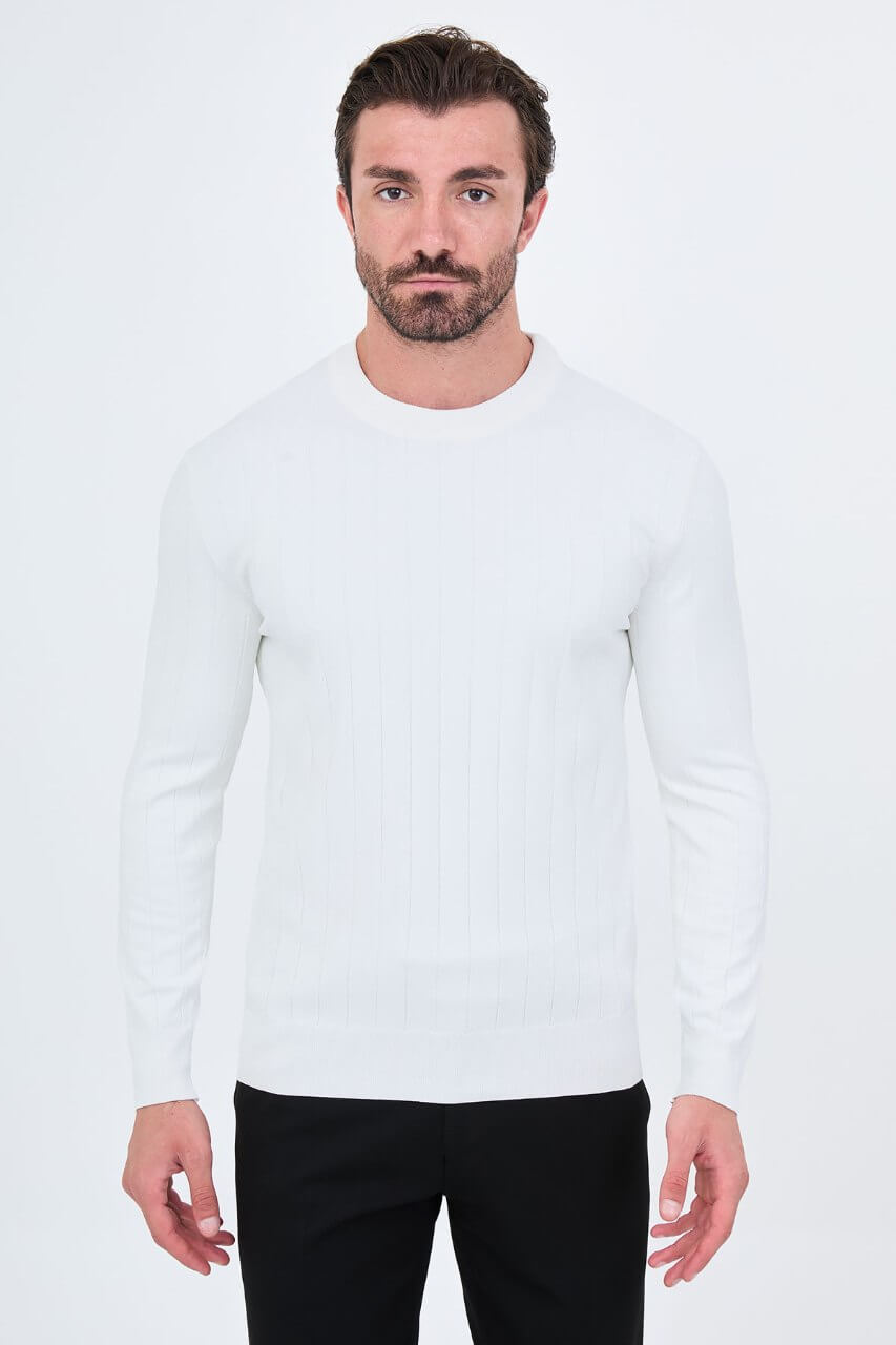 Men's ecru ribbed crew-neck knit sweater with long sleeves by HolloMen.