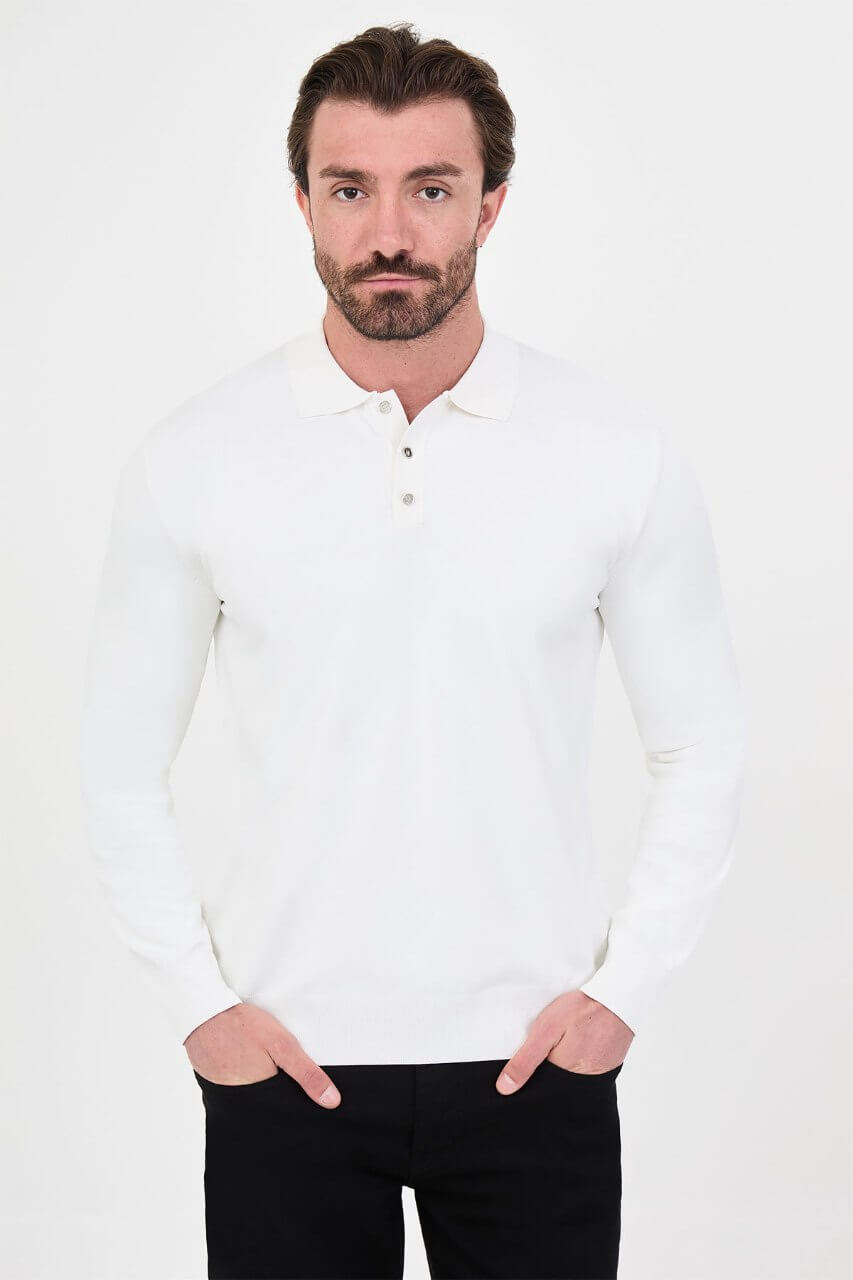 Men's ecru long-sleeve knit polo shirt with three-button placket by HolloMen.