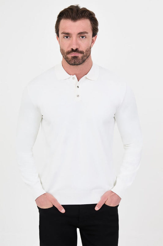 Men's ecru long-sleeve knit polo shirt with three-button placket by HolloMen.