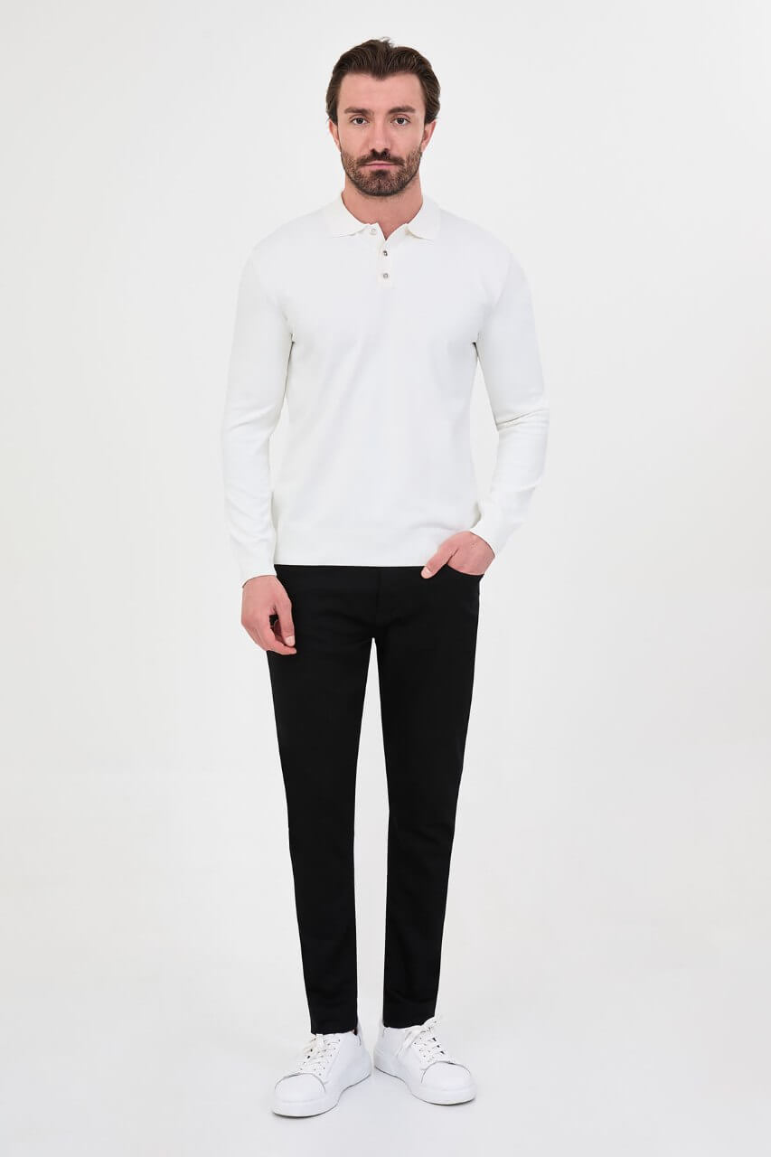 Men's ecru long-sleeve knit polo shirt with three-button placket by HolloMen.