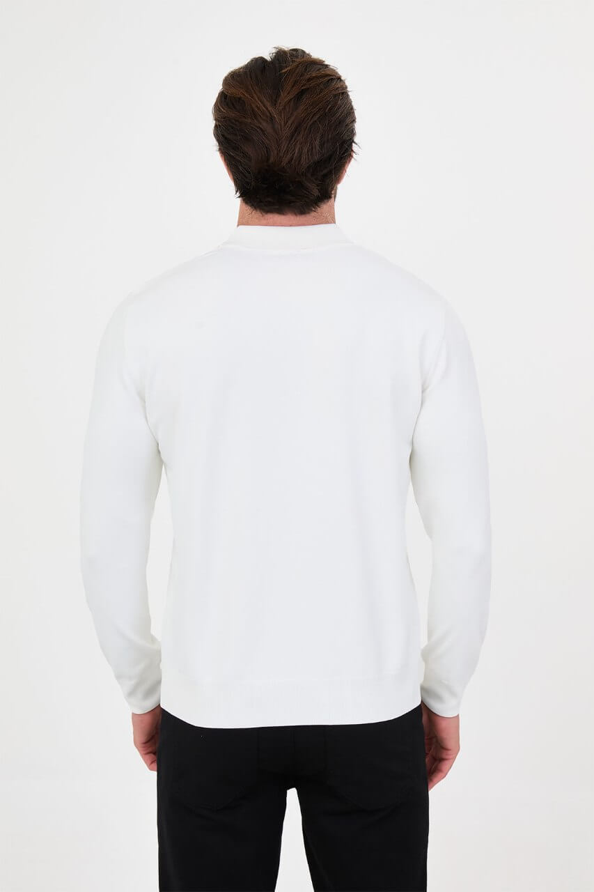 Men's ecru long-sleeve knit polo shirt with three-button placket by HolloMen.
