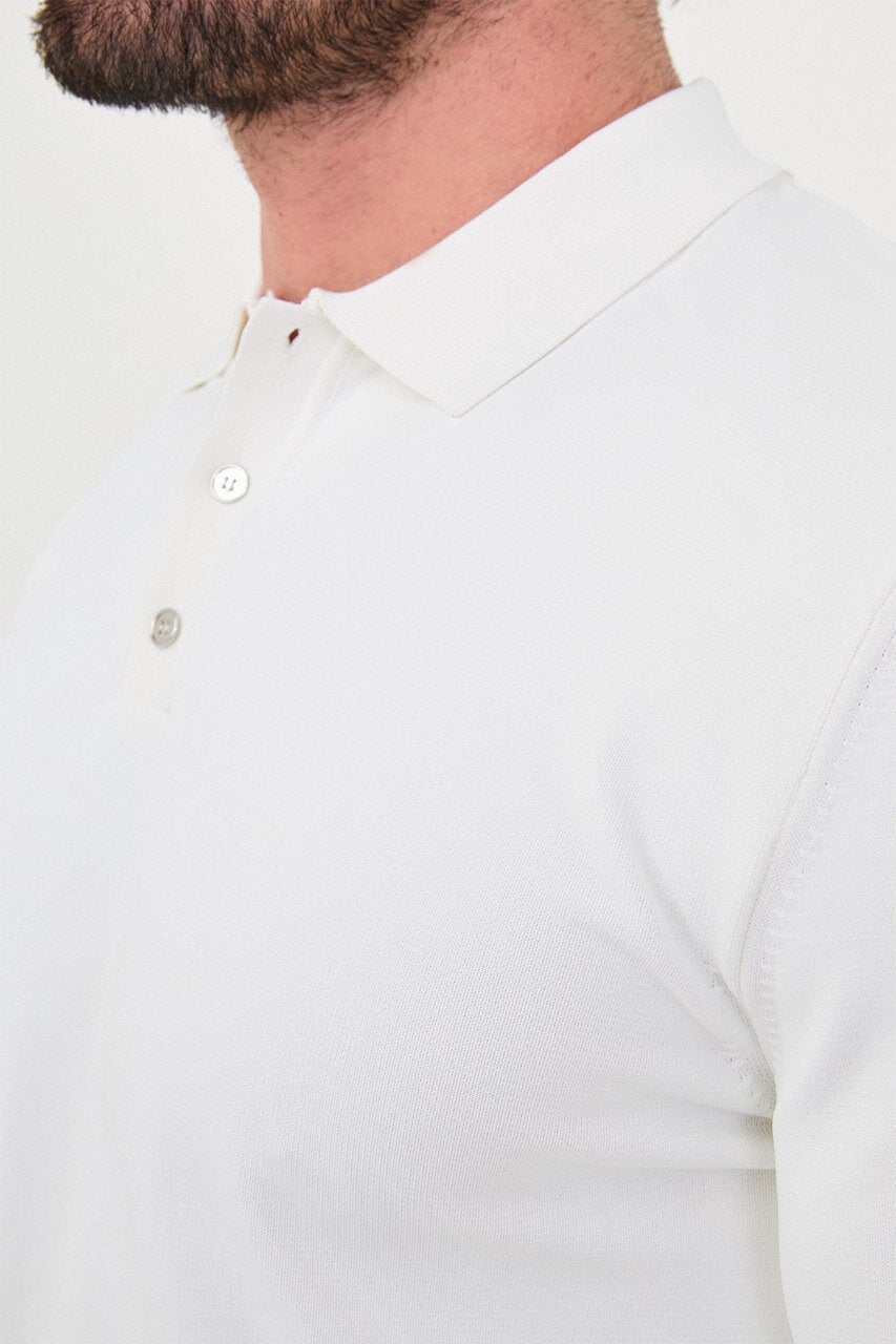 Men's ecru long-sleeve knit polo shirt with three-button placket by HolloMen.
