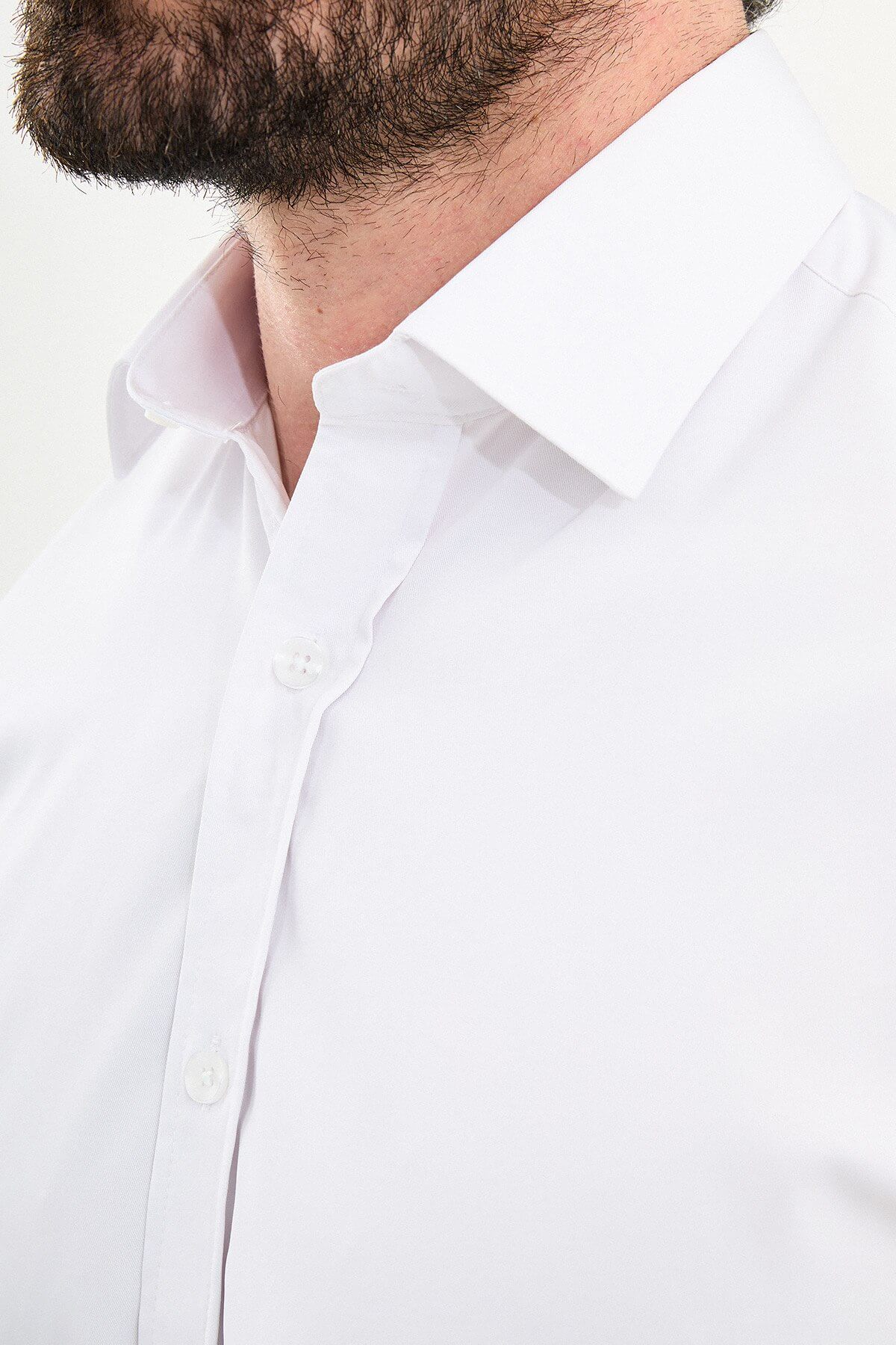 Men’s ecru slim fit long sleeve dress shirt with stretch fabric and modern tailored design for formal and smart casual wear