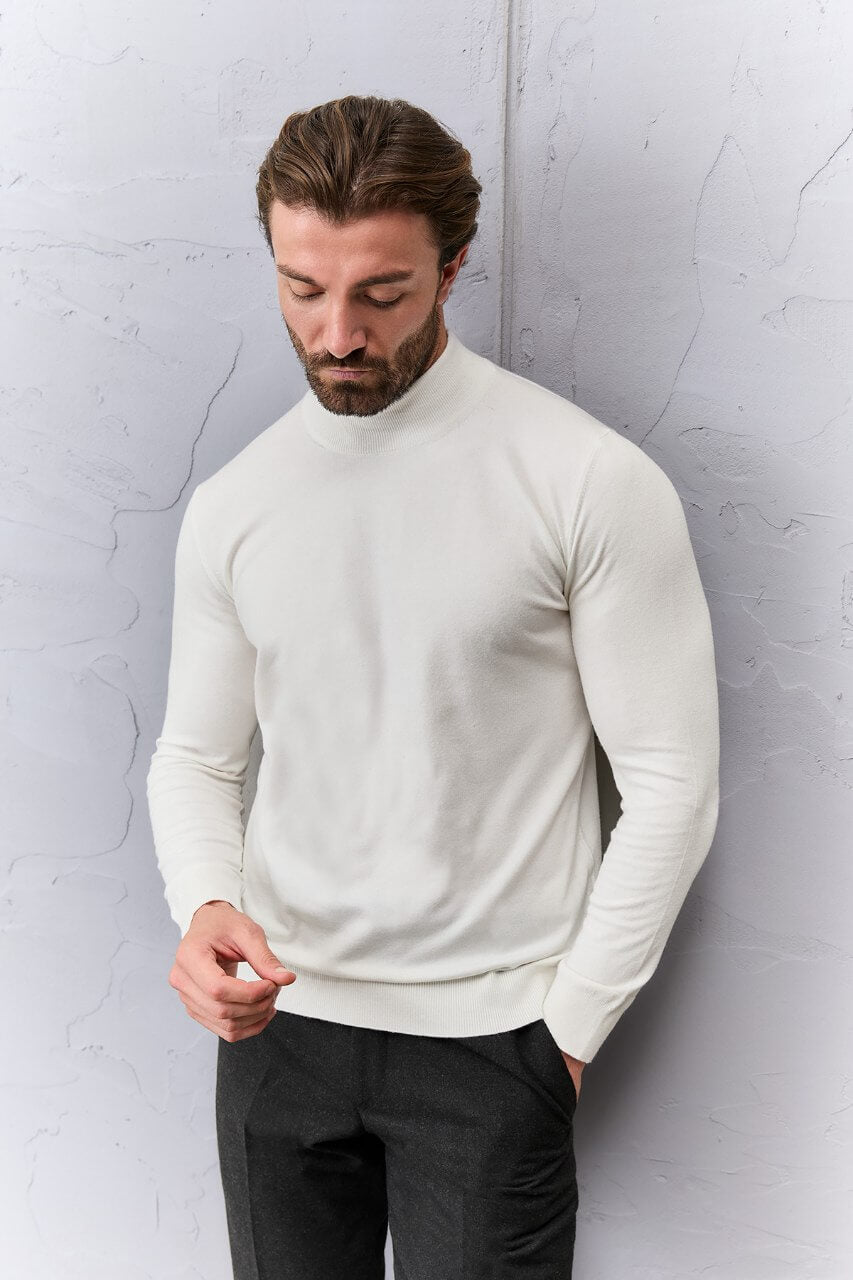 Men's ecru cashmere blend mock neck knit sweater slim fit fall winter menswear