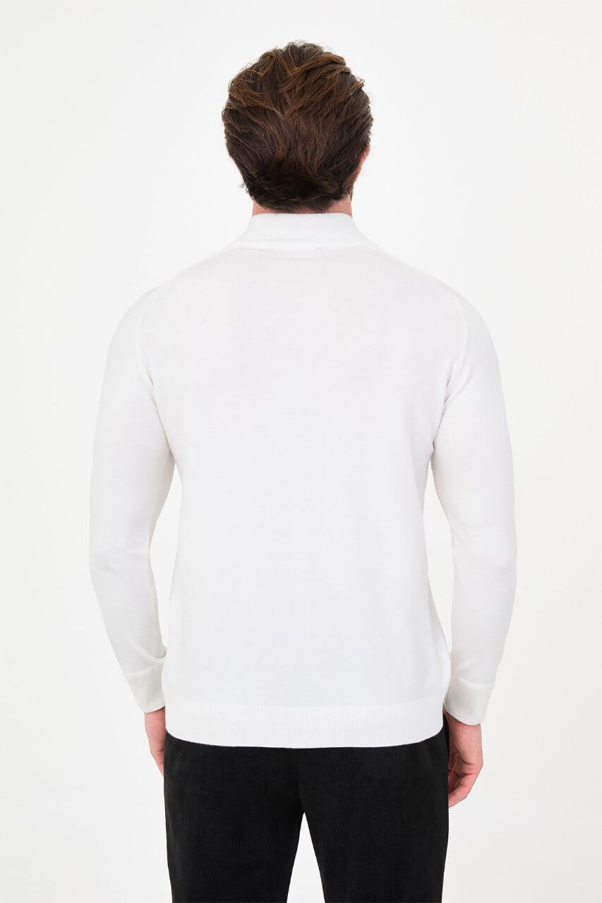 Men's ecru cashmere blend mock neck knit sweater slim fit fall winter menswear