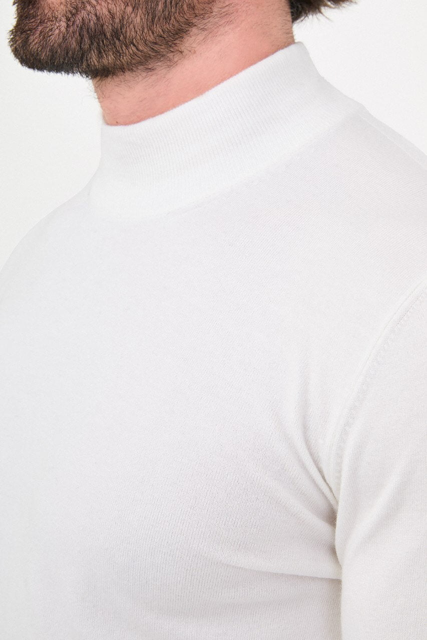 Men's ecru cashmere blend mock neck knit sweater slim fit fall winter menswear