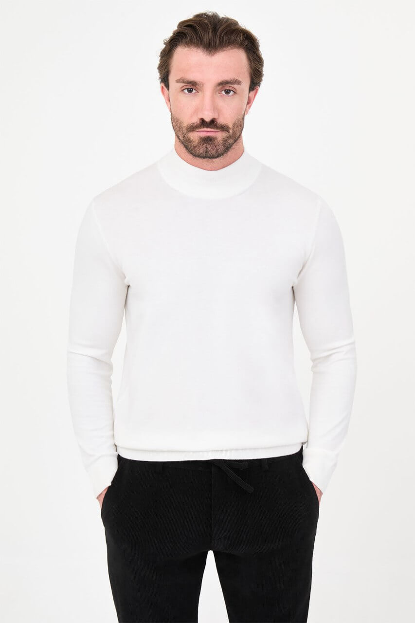 Men's ecru cashmere blend mock neck knit sweater slim fit fall winter menswear
