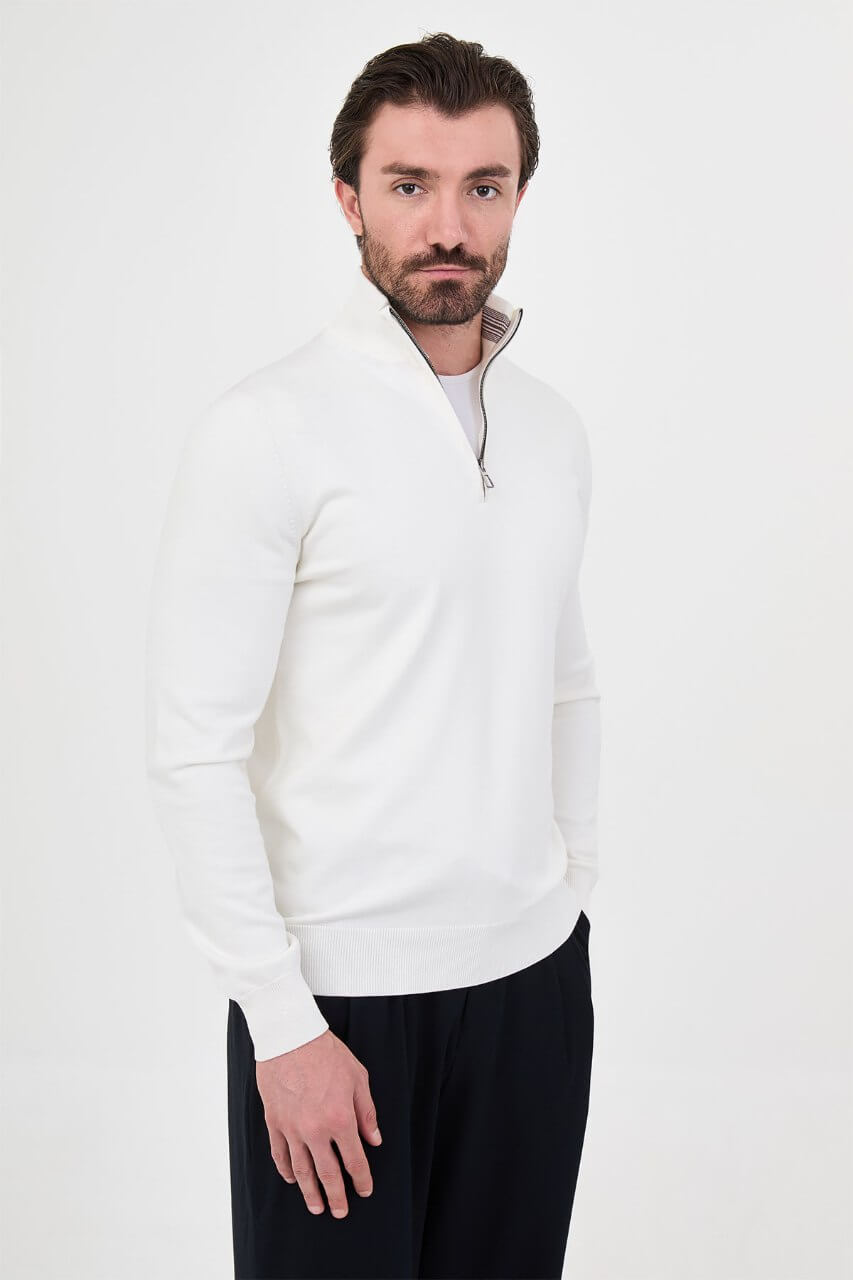 Men's ecru textured crew neck knit sweater for fall winter menswear.
