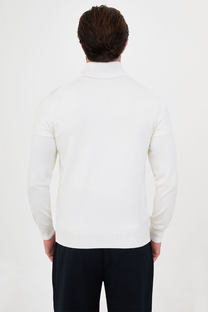 Men's ecru textured crew neck knit sweater for fall winter menswear.