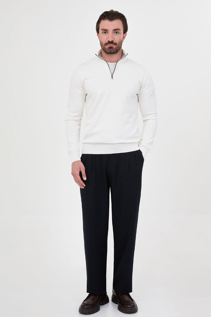 Men's ecru textured crew neck knit sweater for fall winter menswear.