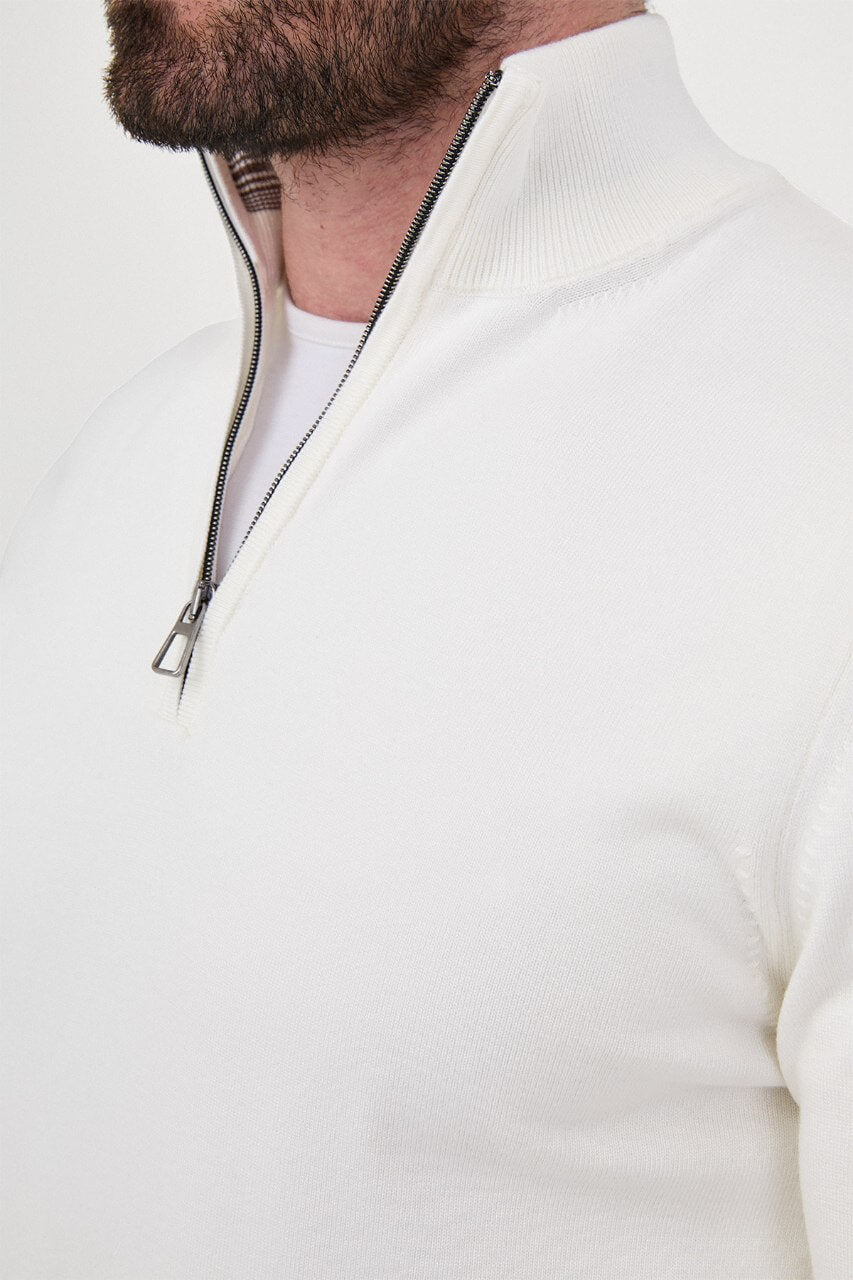 Men's ecru textured crew neck knit sweater for fall winter menswear.