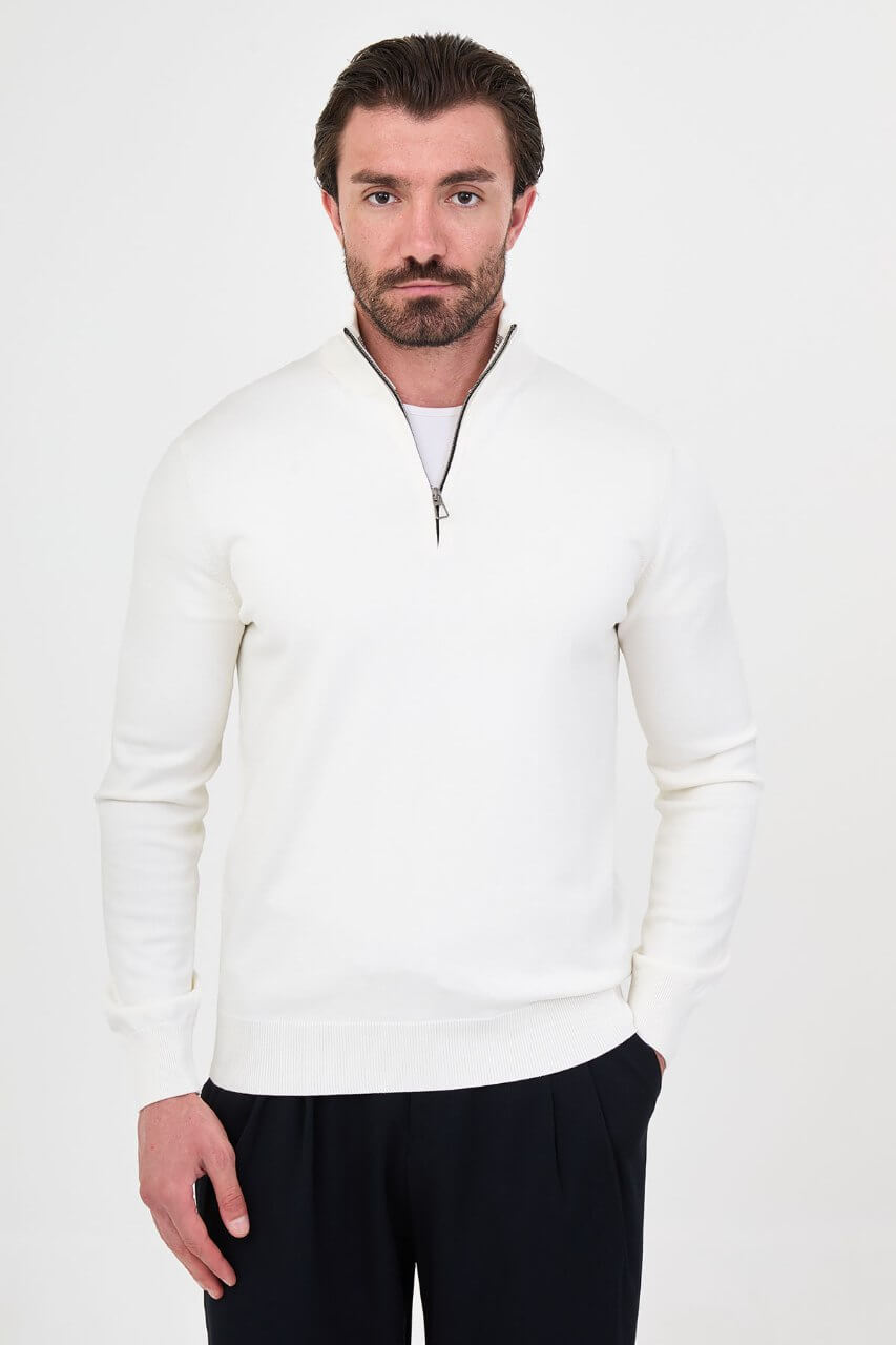 Men's ecru textured crew neck knit sweater for fall winter menswear.