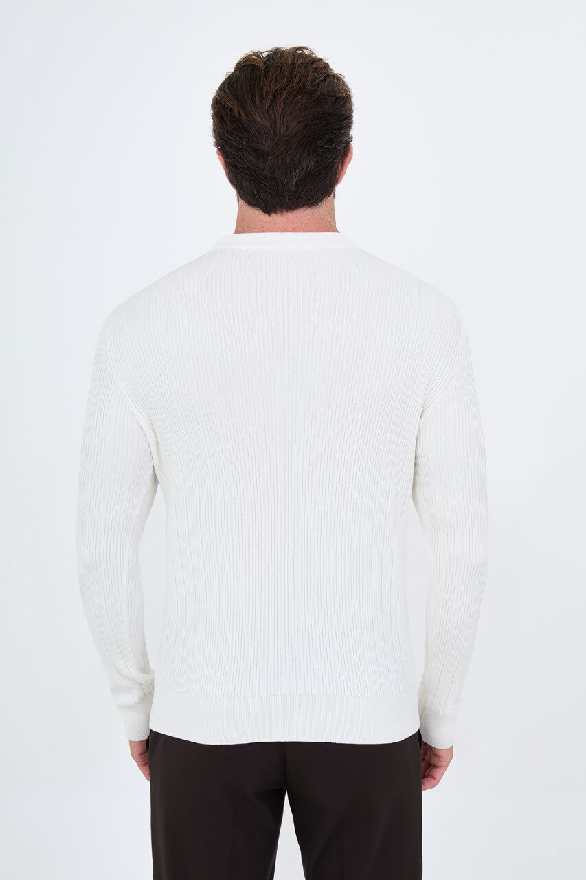 Men's ecru textured crew neck knit sweater with patterned knit design for fall winter menswear.