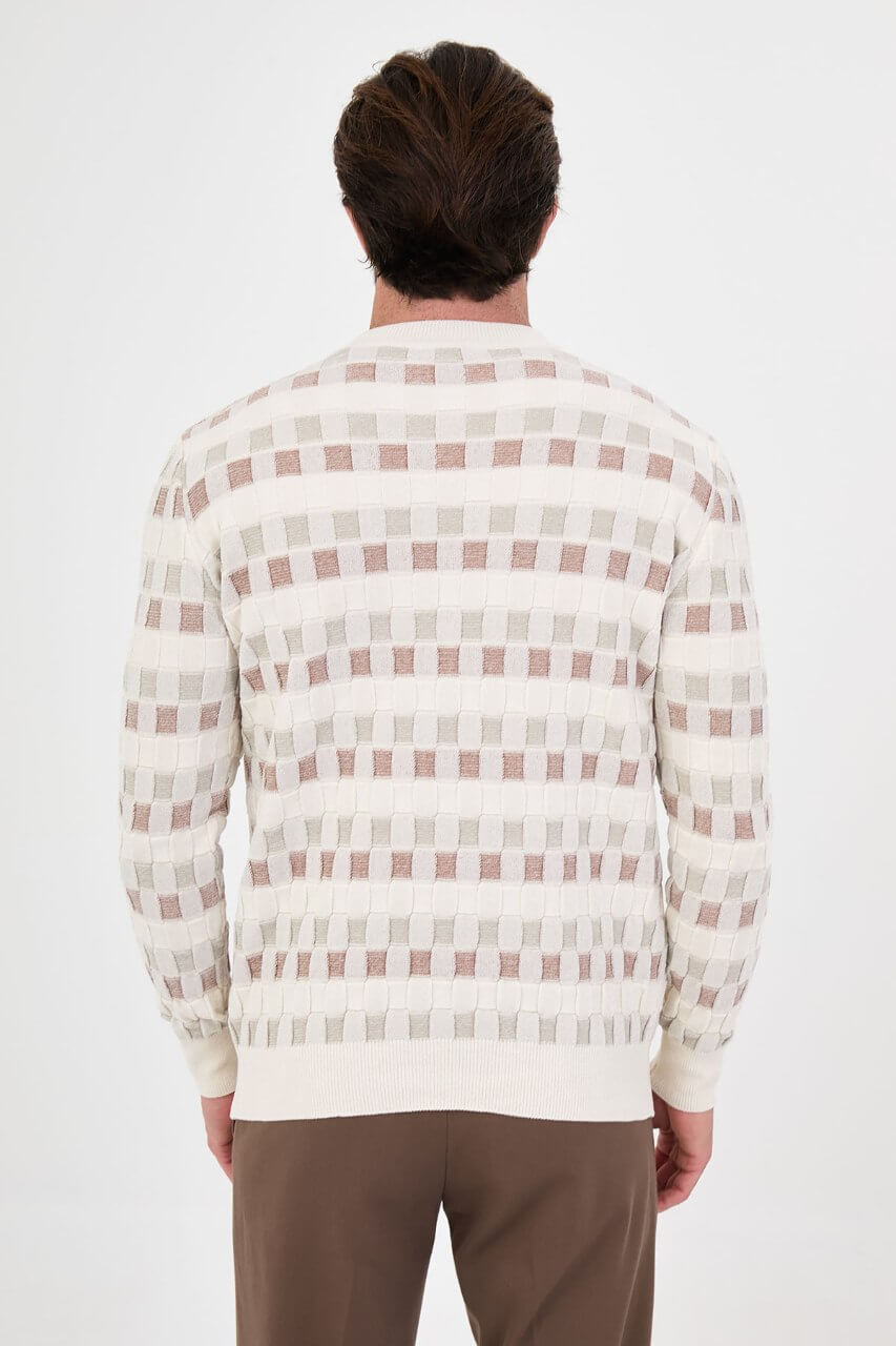 Men's ecru textured crew neck knit sweater with square pattern detail for fall and winter styling
