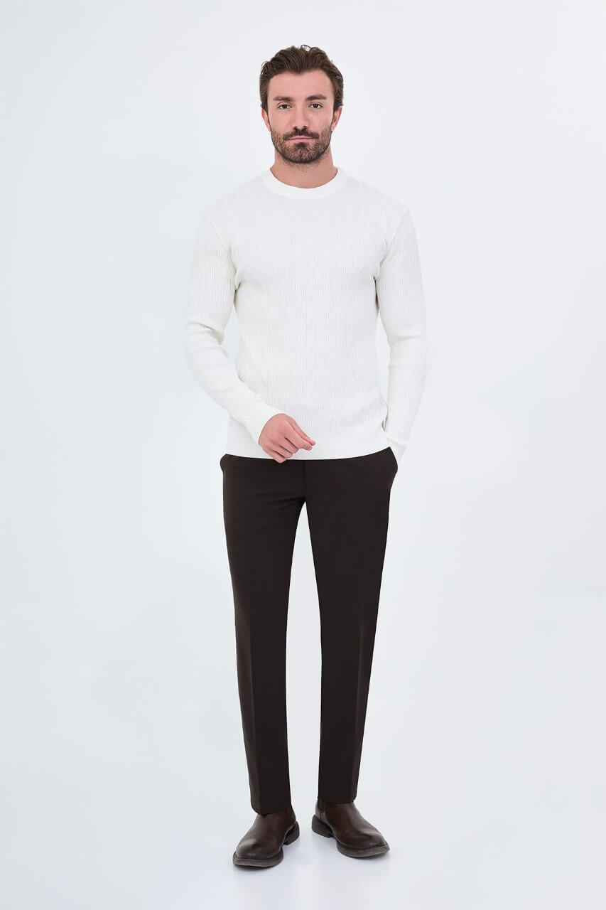 Men's ecru textured crew neck knit sweater with patterned knit design for fall winter menswear.