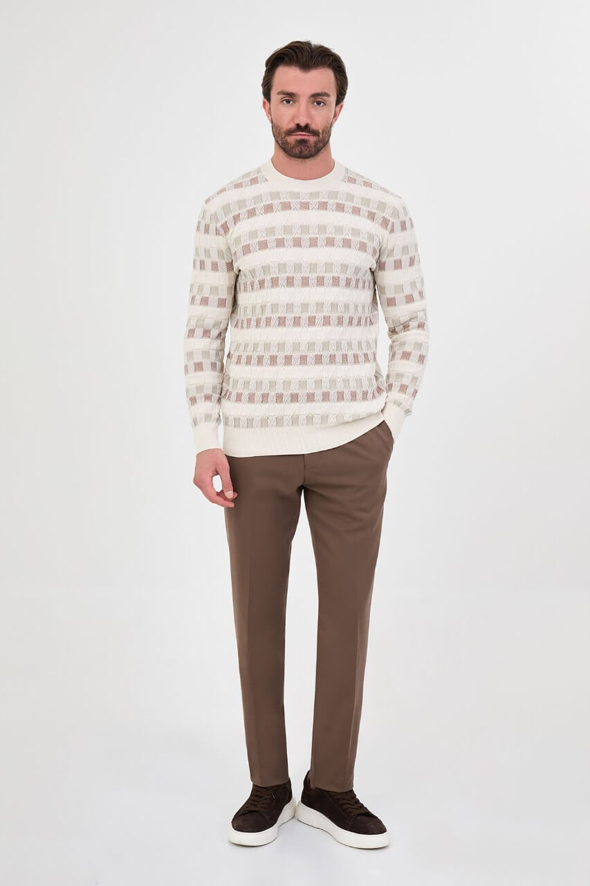 Men's ecru textured crew neck knit sweater with square pattern detail for fall and winter styling