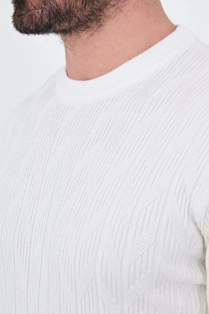 Men's ecru textured crew neck knit sweater with patterned knit design for fall winter menswear.